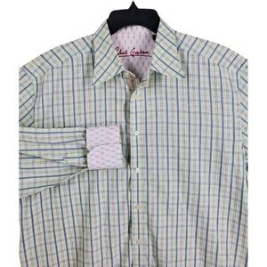 Robert Graham Dress Shirt Mens 2XL Green Blue Check Striped Flip Cuffs Silk Trim